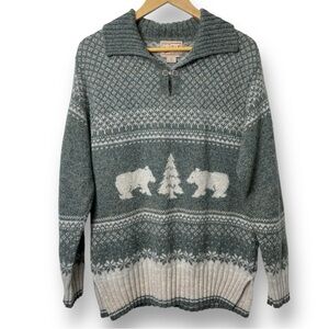 Vintage Woolrich Shetland Wool Sweater Cozy Forest Bear and Tree Fairisle Nordic